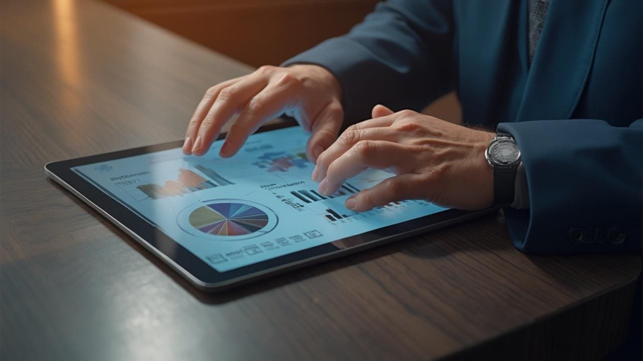 Personne en costume examinant des graphiques sur une tablette numérique