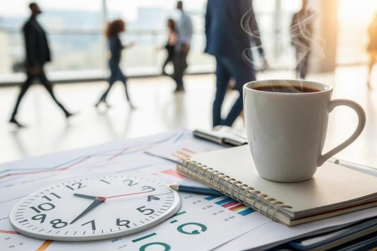 Une tasse de café chaud à côté horloge