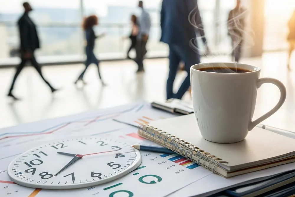 Une tasse de café chaud à côté horloge