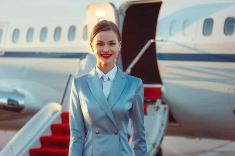 Une hôtesse air se tient confiante sur les marches avion